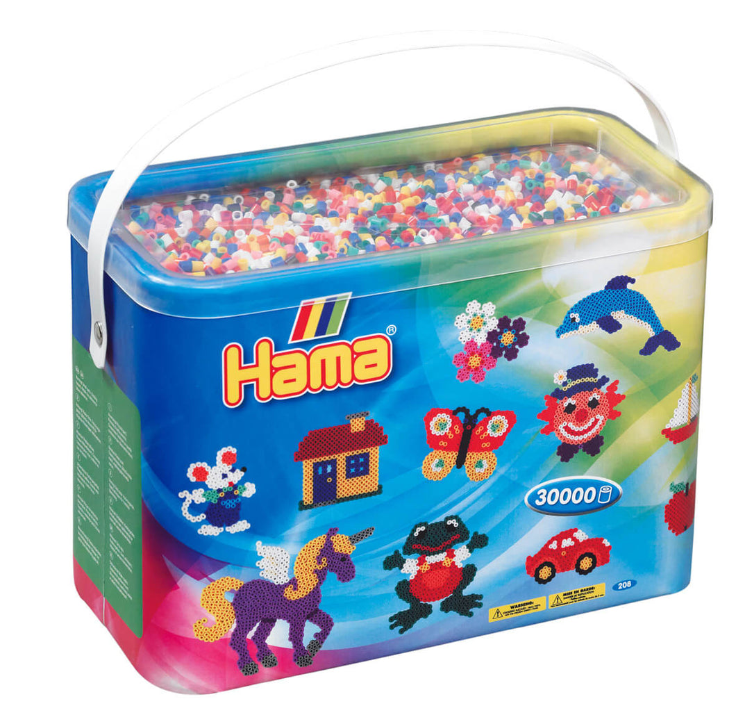 30,000 Mixed Color Hama Mixed Beads in Reusable Bucket with 2 pegboards, design card, instructions and ironing paper